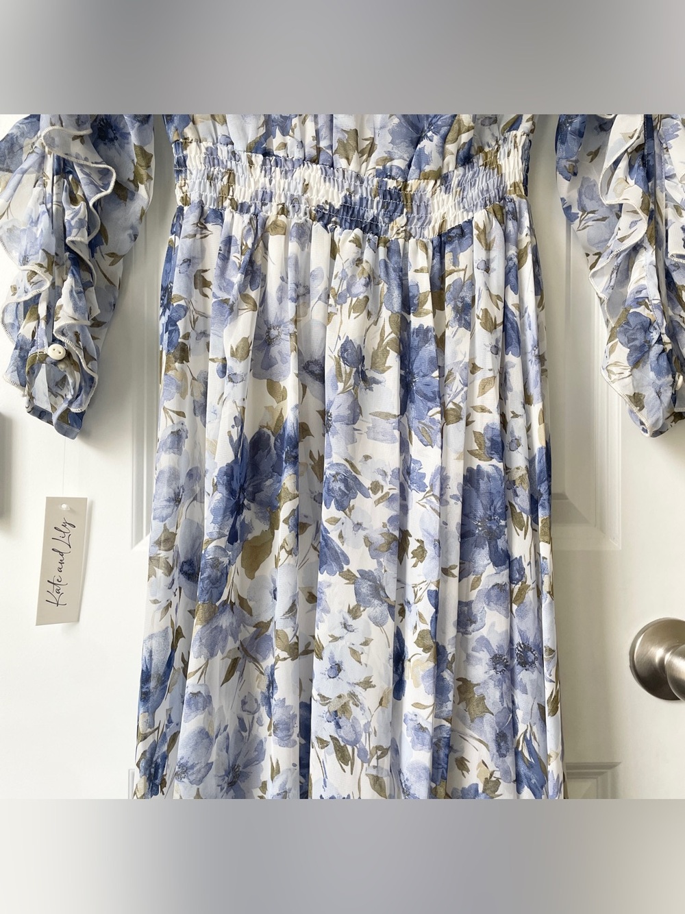 Womens Blue Floral Wrap Maxi Dress Ruffle Sleeves VNeck Boho Summer Wedding Chic - Picture 9 of 14